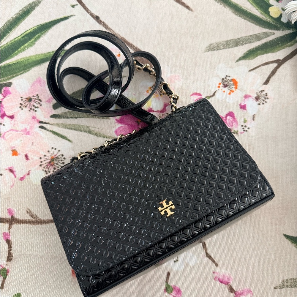 Tory Burch Black Quilted Patent Leather Chain Crossbody with Gold Logo